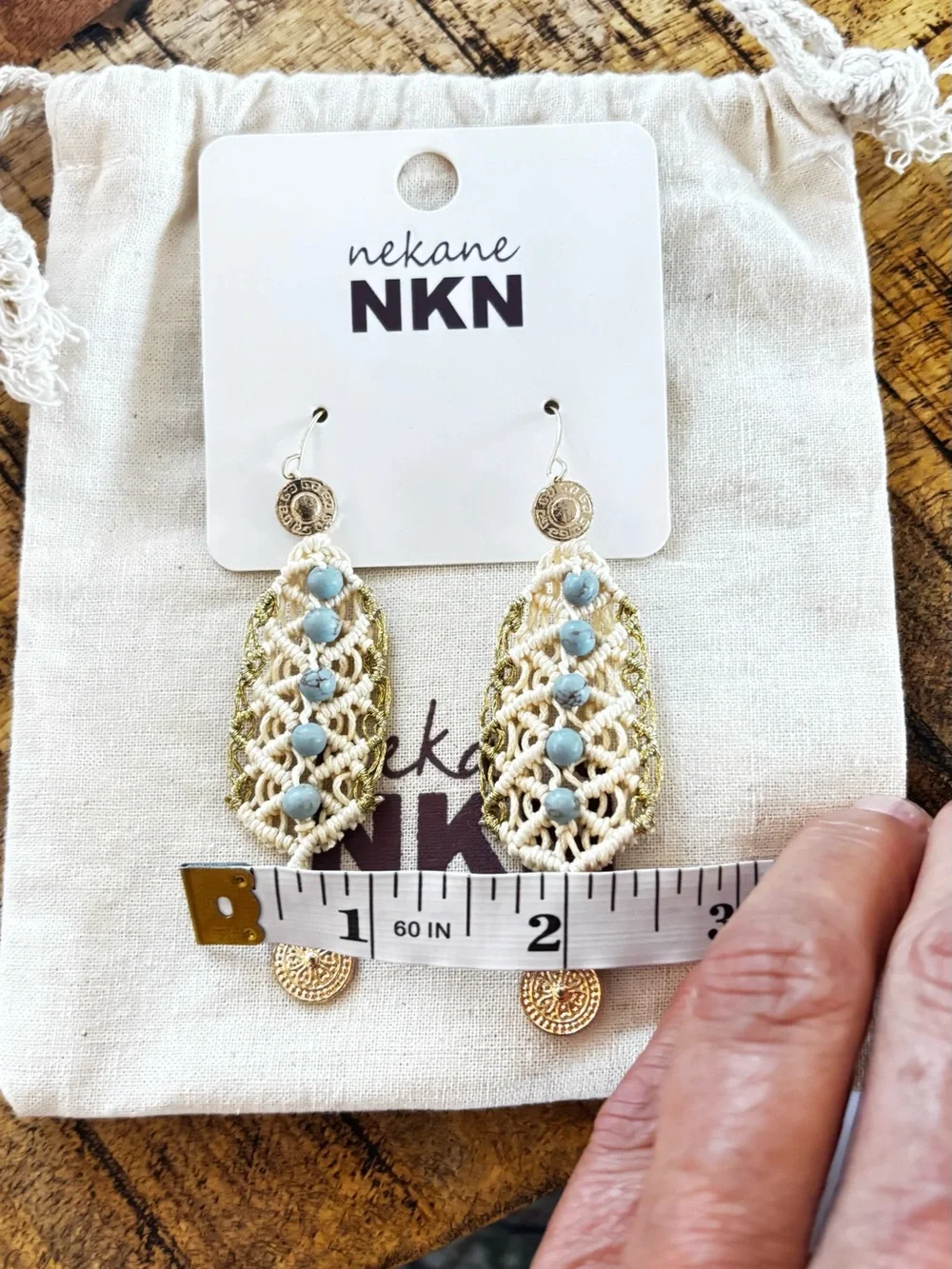 NWT NKN Nekane Kant Boho Macrame Dangle Earrings Turquoise Beads Gold